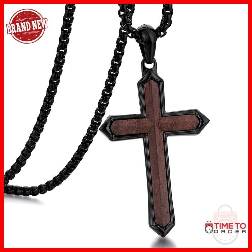 Men's Wooden Cross Necklace Stainless Steel Adjustable Chain Christian Jewelry